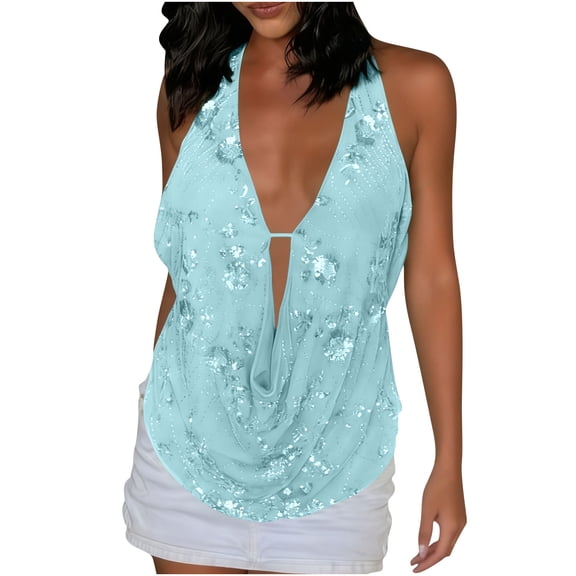 STETMN Sleeveless Sequin Top for Women Sparkly Halter Sexy Tank Deep V Neck Party Club Shirt Glitter Going Out
