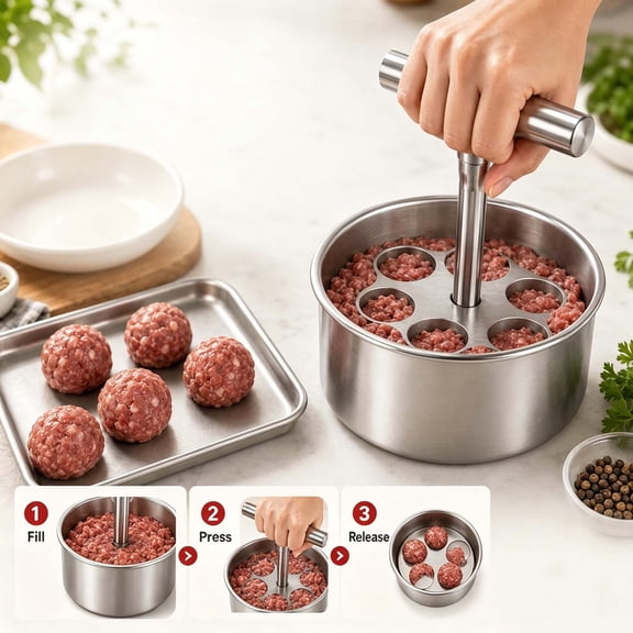 Clearance 2PC Stainless Steel Meatball Maker Tool, Manual Meatball Press Shaper Tools, Multi Purpose 6 Holes Meatball Mold for Home Kitchen