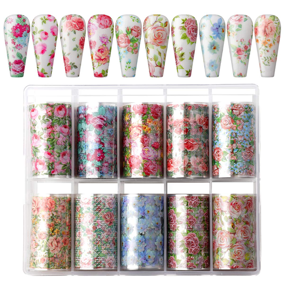 Makartt 10Rolls Rose Flowers Nail Art Foil Transfer Stickers Nail Decals