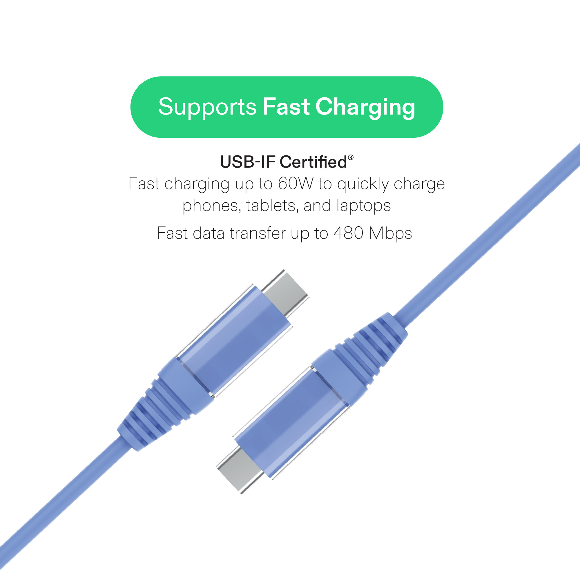 Cable de carga onn de 6 pies USB-C a USB-C, carga rápida, certificado USB-IF, compatible con iPhone 16 y 15, iPad Pro, Samsung Galaxy, Note, Pixel y más - Azul 3