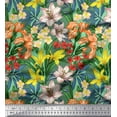 thumbnail image 1 of Soimoi Green Silk Fabric Leaves, & Lily Floral Printed Craft Fabric by the Yard 42 Inch Wide, 1 of 1