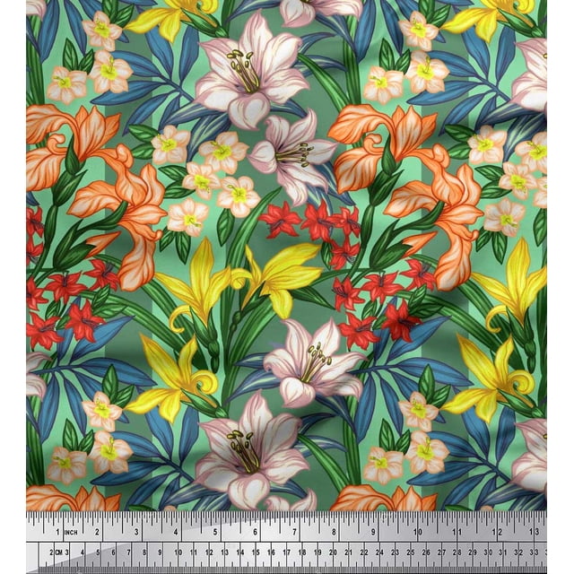 Soimoi Green Velvet Fabric Leaves, & Lily Floral Print Fabric by the Yard 58 Inch Wide
