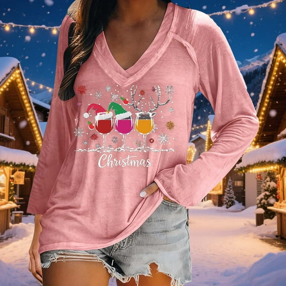 EchfiProm Womens Christmas Shirts Funny Long Sleeve Casual V Neck Reindeer Xmas Pink Tee Shirts for Ladies