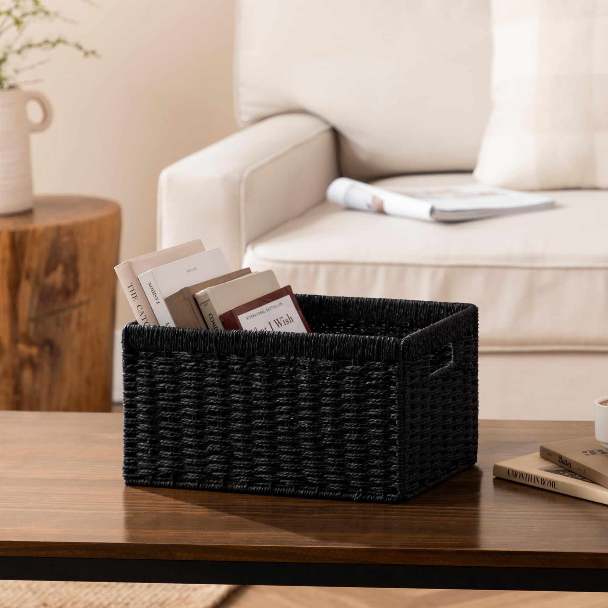 Rectangular Foldable Hand-Woven Storage Baskets Black 4 Pack 13.4l X 8.3w X 7.1h Inch For Pantry Shelves Organization