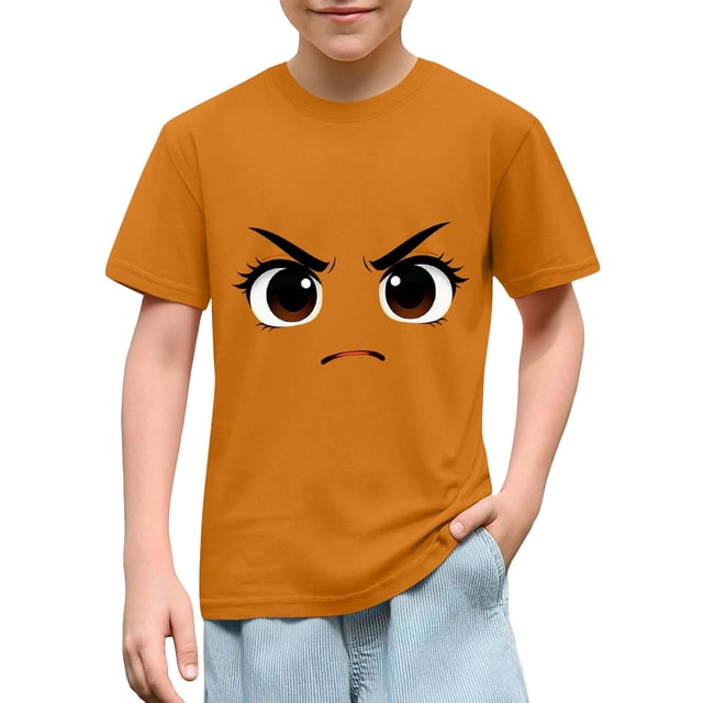 Blusas y camisas de manga corta con cuello redondo para niños y niñas, color liso, con estampado de expresión linda, manga corta, holgadas y cómodas, blusa para niña