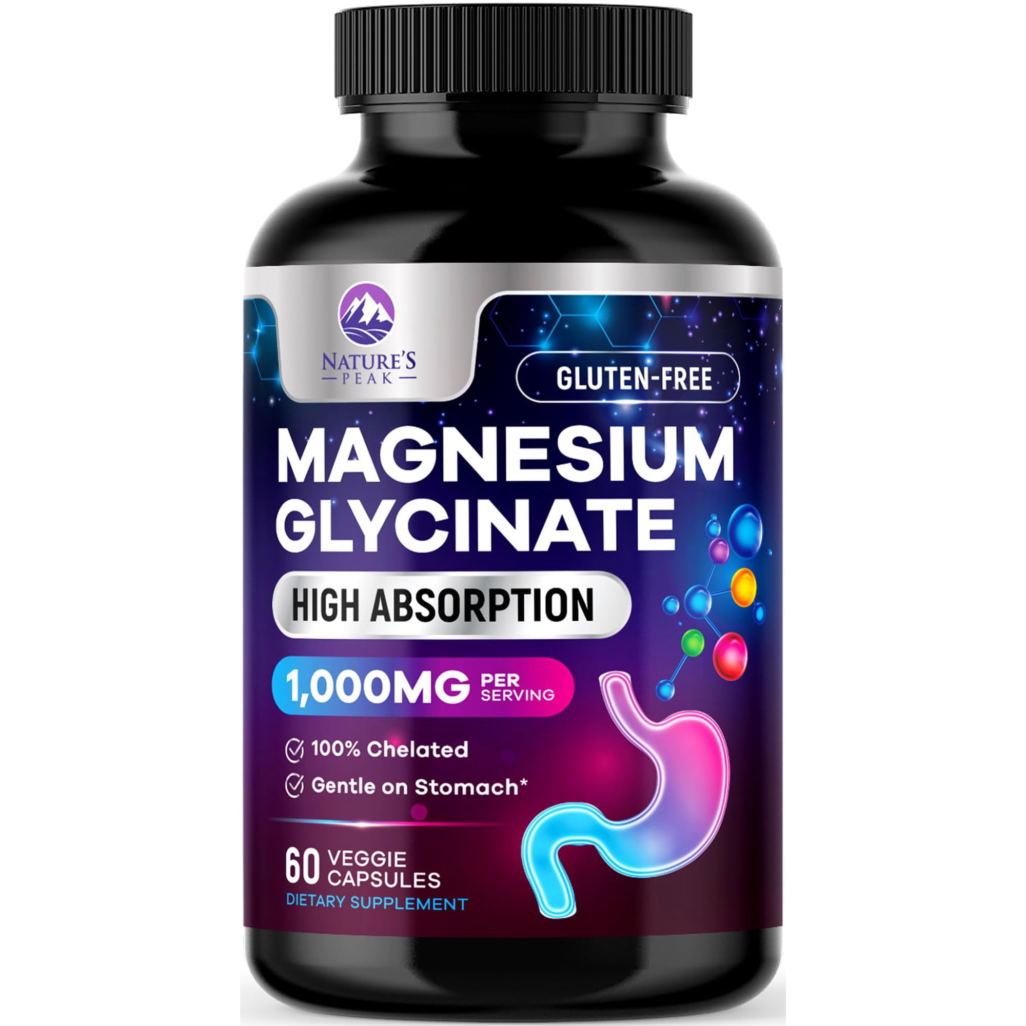 Magnesium Glycinate 1000mg - Pure & Chelated for High Absorption - Supports Muscle, Nerve, Bone & Heart Health - Best Magnesium Supplement for Gentle Sleep Support, Vegan, Bottled USA - 60 Capsules