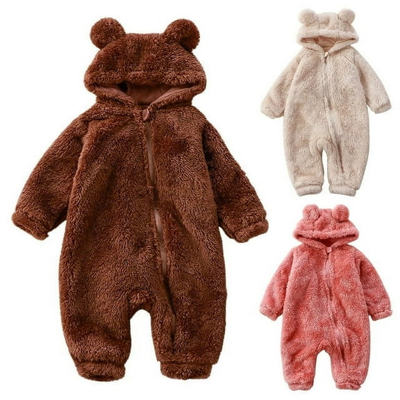 Baby Boy Girl Zipper Fleece Hooded Bear Jumpsuit with Cute Ears Fuzzy Long Sleeve Jumpsuit Toddler Infant Fall Winter Outfit