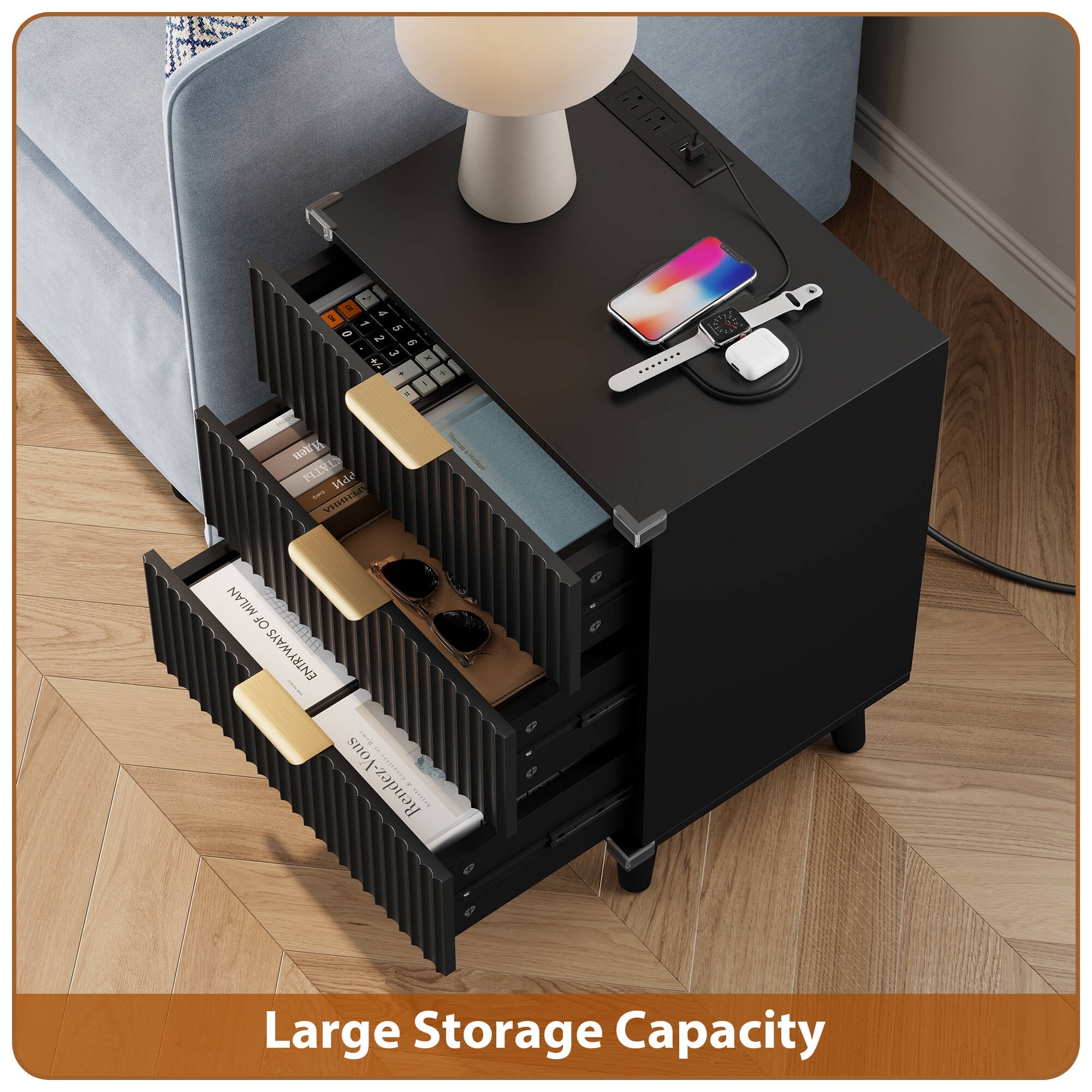 Laintene 3-Drawer Dresser Set of 2, Nightstand with Charging Station - Modern Fluted with Solid Wood Legs, 2 AC Outlets & 2 USB Ports, Small End Table with Storage, Black