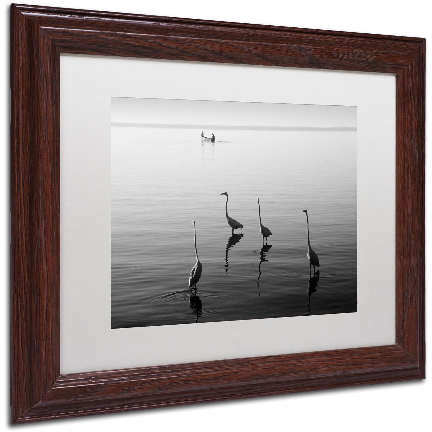 Trademark Fine Art "4 Herons and Boat" Canvas Art by Moises Levy White Matte, Wood Frame