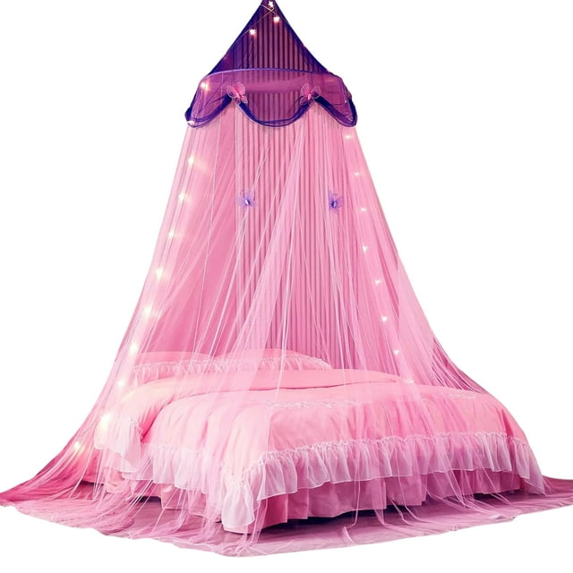 Gupgi Hanging Mosquito Net with Light, Fine Mesh Princess Bed Canopy Dustproof Bug Net