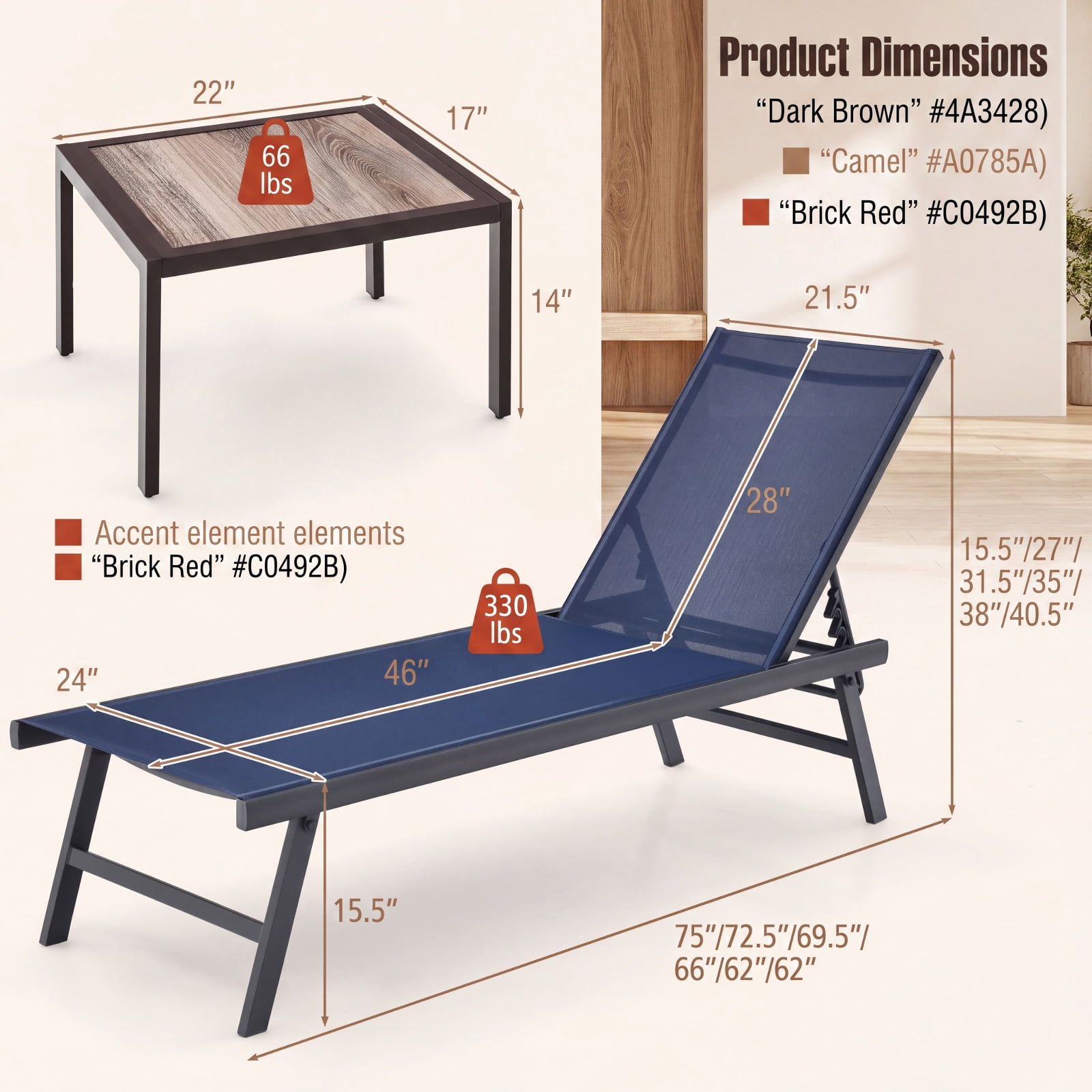Furnibear 3 Piece Patio Chaise Lounge Set of 2 with Adjustable Backrest Aluminum Frame Breathable Seat and DPC Side Table for Poolside Yard, Navy