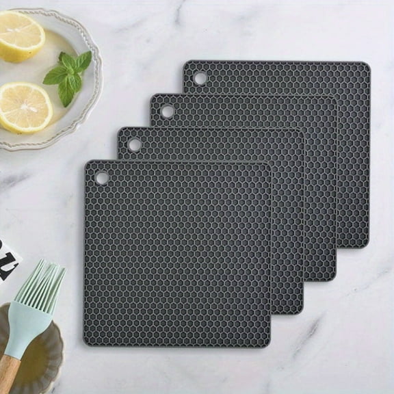 Silicone Trivet Pot Mat for Countertop Trivest Pads Heat Resistant Table Placemats 4 Pack,Size:7.5x7.5 Inch, Color: Grey, Shape:Square