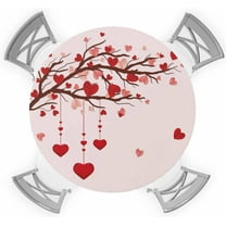 Valentine''s Day Elastic Round Tablecloth, Red Pink Love Heart Branches Fitted Tablecloths for Round Table Oil-Proof Waterproof Table Cloth for Wedding Anniversary (Fit for 45" - 54" Round Tables)
