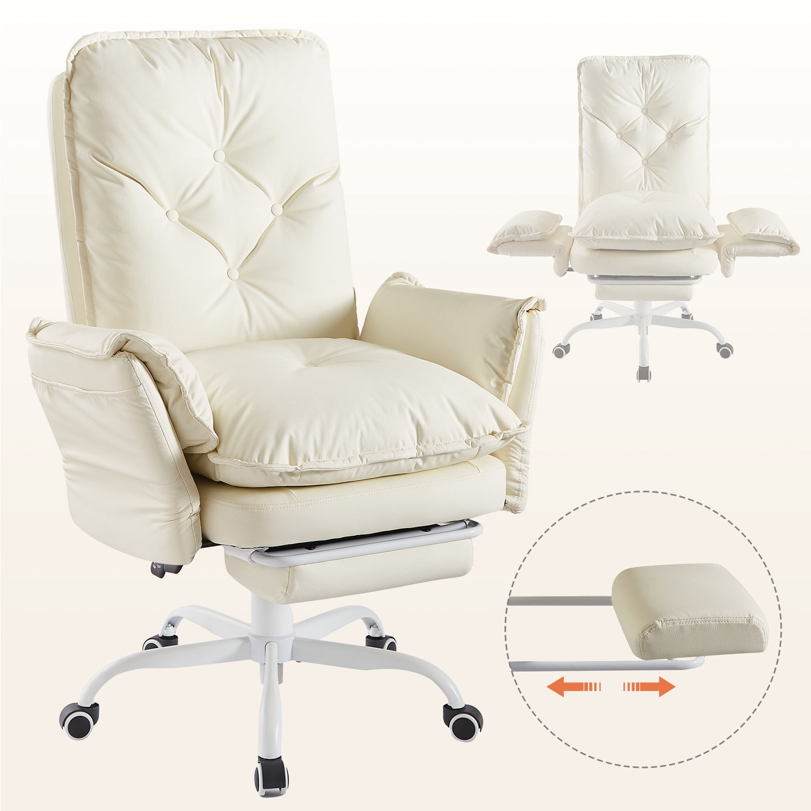 Bestier Big and Tall Executive Office Chair with Footrest and Flip-Up Arms, Ergonomic Reclining High Back Criss Cross Chair with Side Pockets, Height Adjustable, Beige