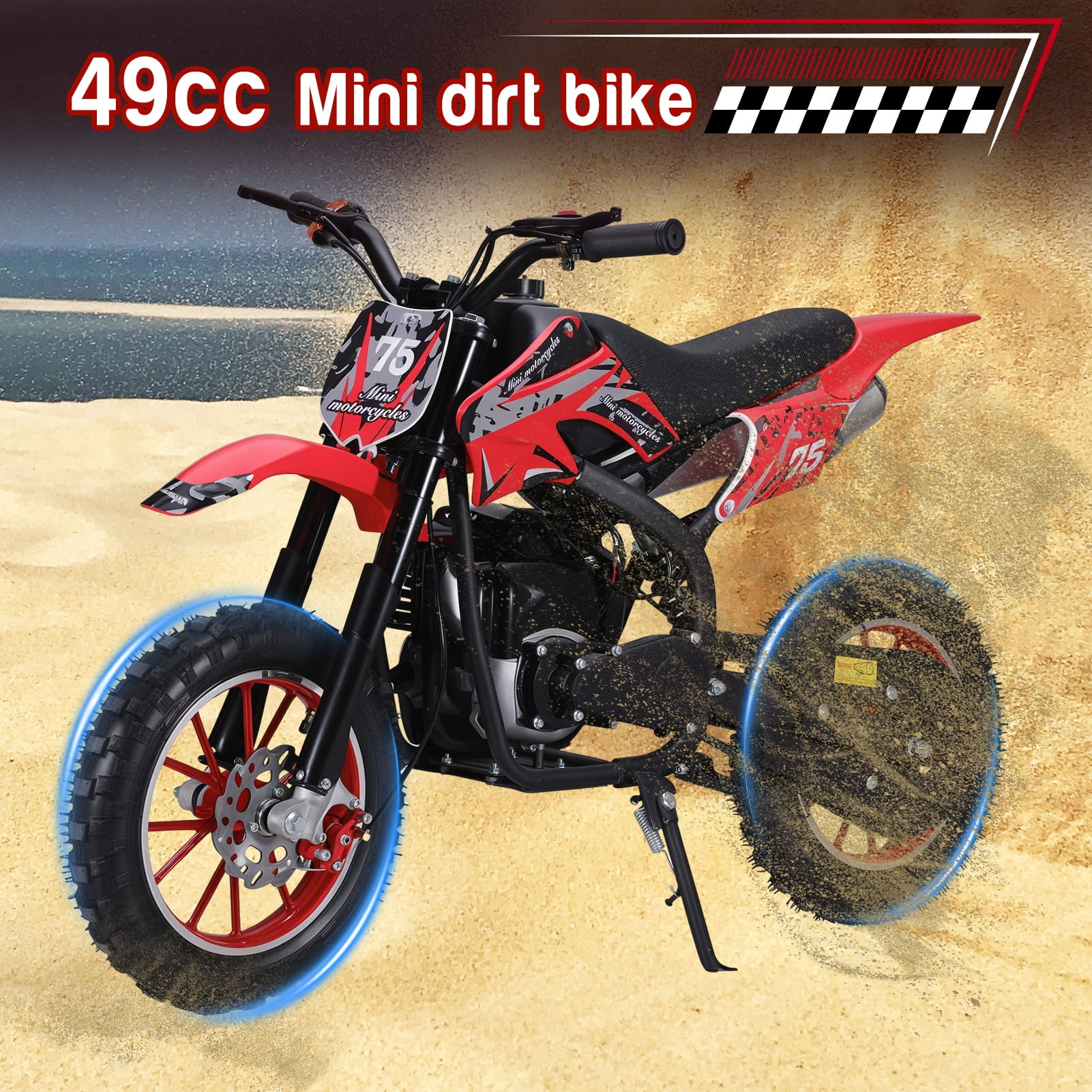 Fompes 49cc Dirt Bike, Gas Powered 4-Stroke with Off-Road Tires, Max Speed 35KM/H, Minibike Trail Bike, Pull Start, Pocket Motorbike for Gift, Load 150lbs