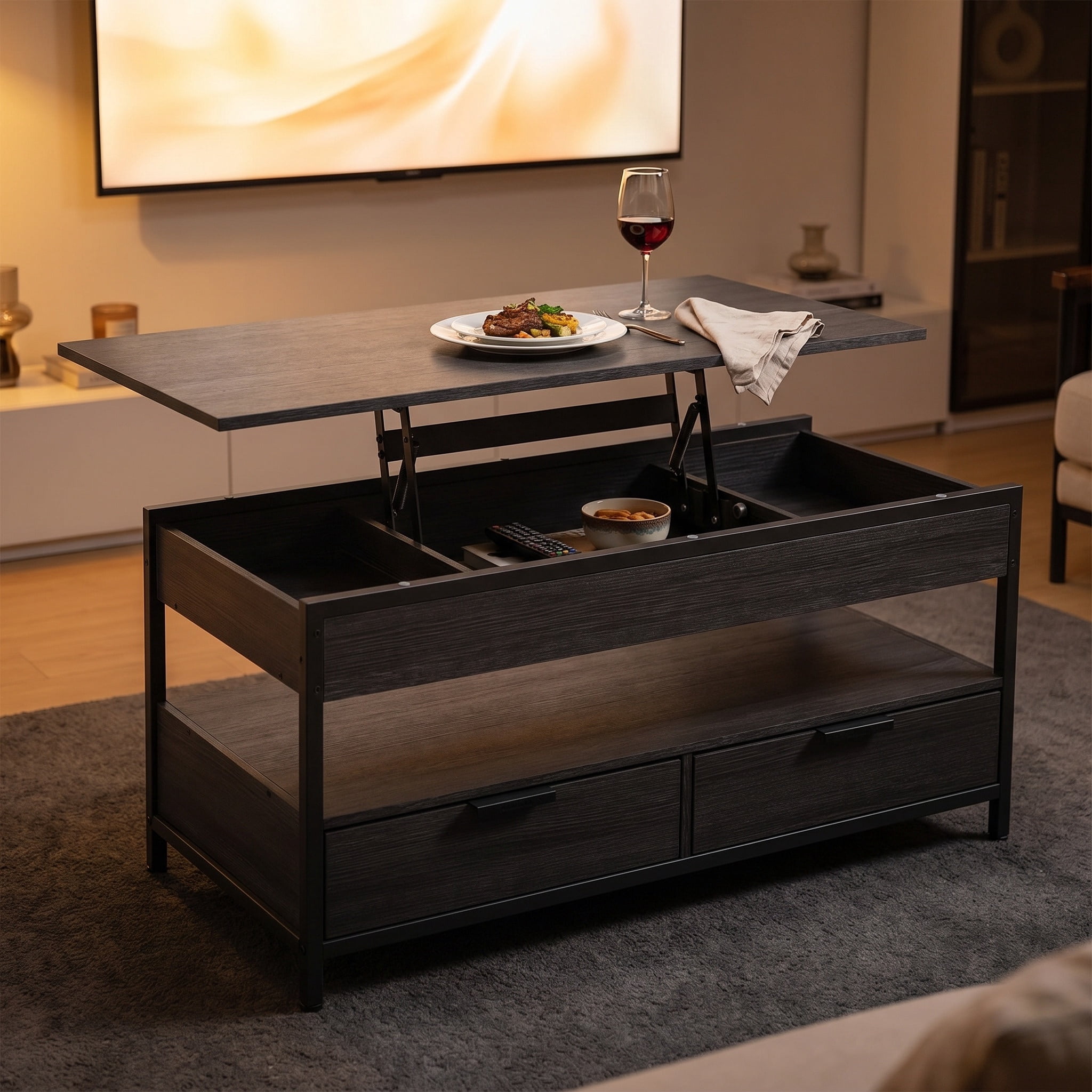 Nordic Hygge 40" Height-Adjustable Living Room Center Table with 2 Storage Drawers and Open Compartment, Anthracite Grey & Ink Black