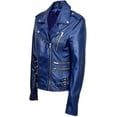 thumbnail image 2 of Women's Genuine Blue Lambskin Leather Motorcycle Jacket Christmas Stylish Coat W384, 2 of 4