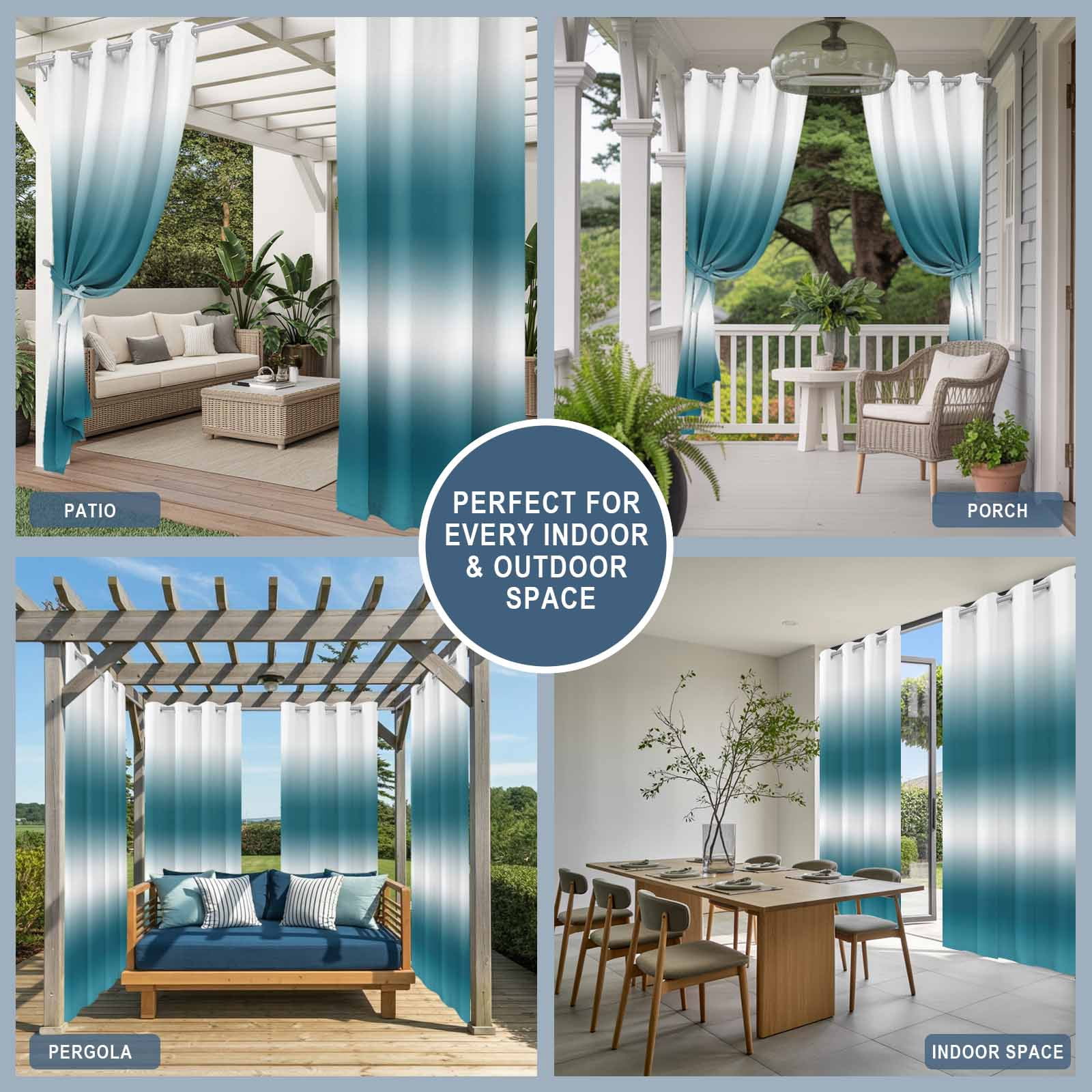 Dark Blue and White Gradient Outdoor Curtains for Patio, Minimalist Dark Cyan Ombre Modern Sunshade Privacy Drapes Grommet Waterproof Outside Curtains for Porch/Cabana/Balcony 54"x 95", 2 Panel