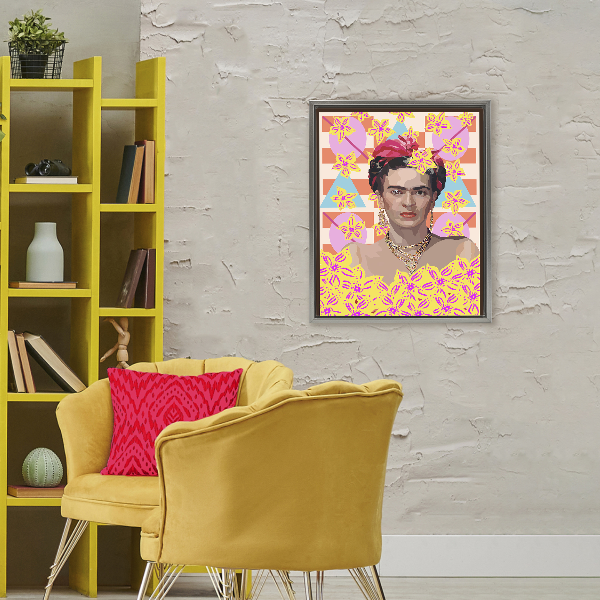 Frida's Floral Journey Gray Framed Floater Canvas Wall Art, design by Lynnda Rakos