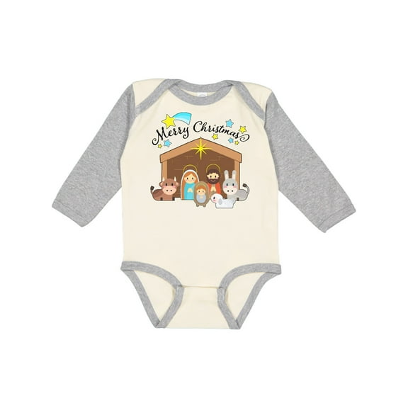 Inktastic Merry Christmas Cute Nativity Scene Boys or Girls Long Sleeve Baby Bodysuit