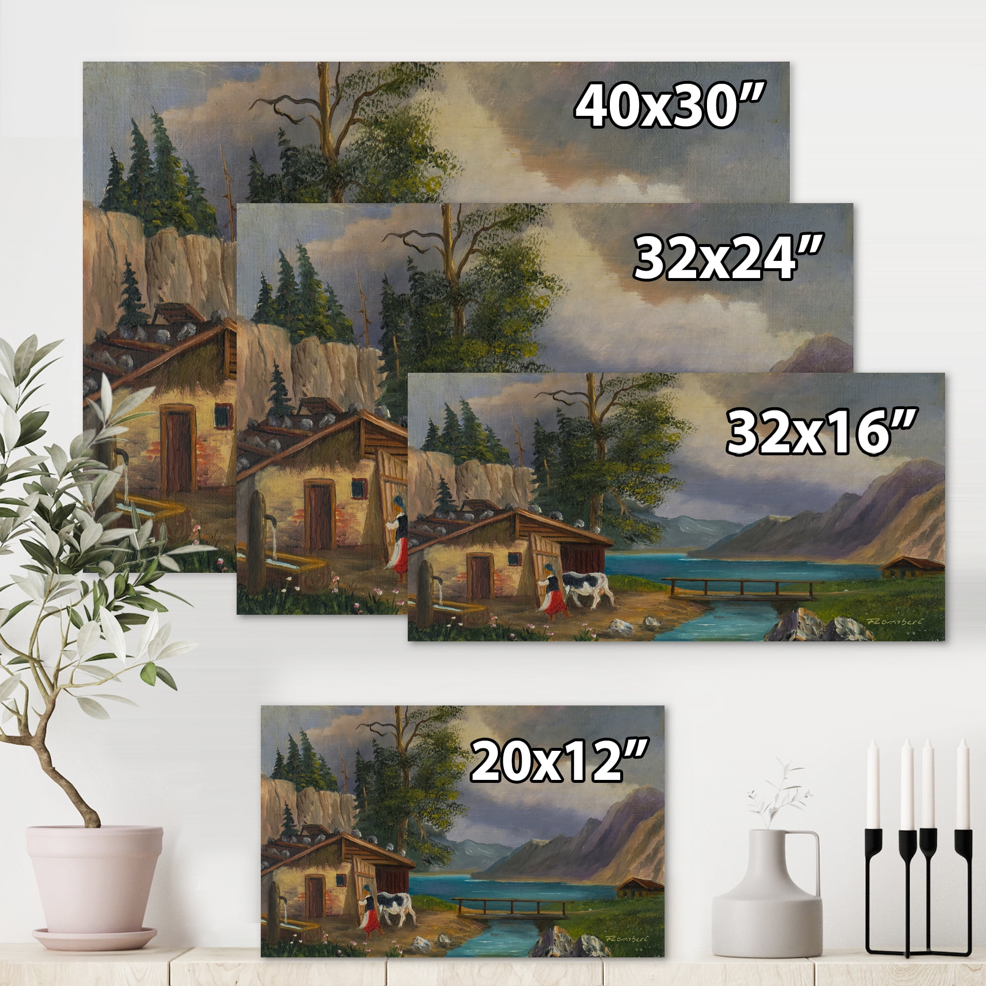 Designart ' Girl Brings The Cow Into The Stable At A Lake ' Farmhouse Canvas Wall Art Print