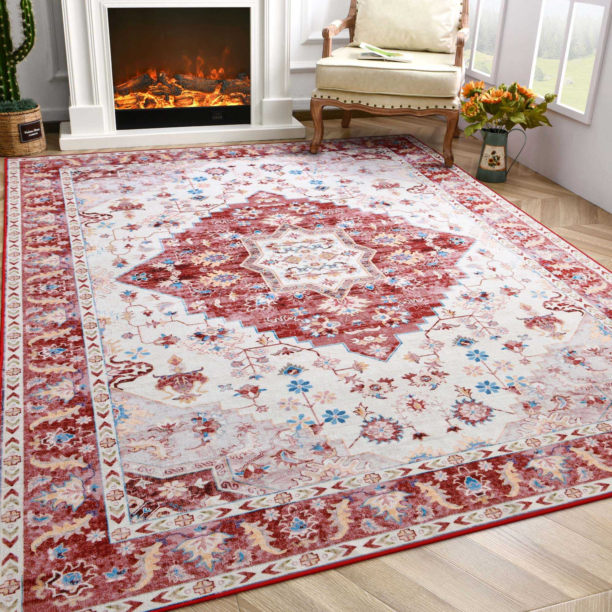 Softlife Ultra-Thin Chenille Vintage Area Rug Non Slip Washable Oriental Tribal Antique Carpet Home Decor Boho Style,6'x9',Red