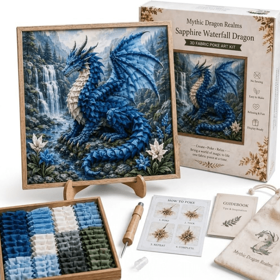 Mythic Dragon Realms 3D Fabric Poke Art Kit, No Sew Fantasy Dragon Craft Kit with Pre-Cut Fabric Squares and Display Stand, DIY Handmade Art Supplies, Halloween Decorations Gift for Dragon Lovers D