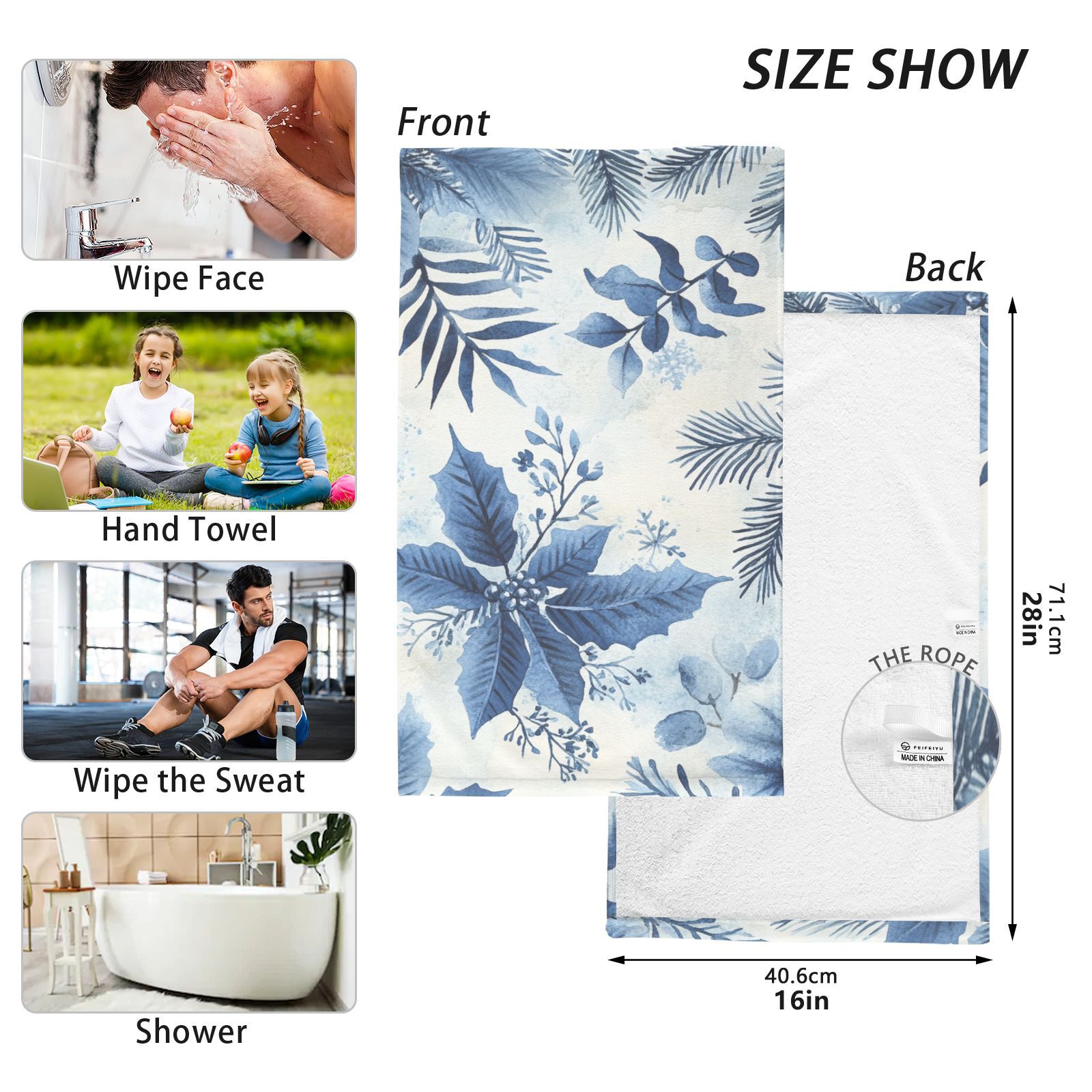 Blue Leaves and Flowers Hand Towels Cotton Bath Towels Large Face Towels Absorbent for Bathroom 2 Packs