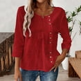 thumbnail image 4 of Ounisa Womens 3/4 Sleeve T Shirts Crew Neck Button Detail Solid Color Casual Trendy Loose Fit Spring Summer Daily Fashion Tops M-3XL, 4 of 5