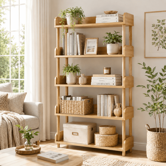 Purfeel Home 5 Tier Bookshelf, Wooden Bookcase with Open Shelves, Side Panles, Modern Bookshelves Storage for Living Room, Bedroom & Home Office, Oak