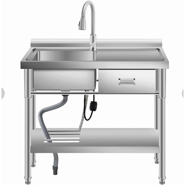 GloryStar Free Standing 39 Inch Stainless Steel Utility Sink with Drawer, Workbench, Storage Rack, Faucet, and Full Plumbing Set, Ideal for Kitchens, Laundries, or Utility Rooms