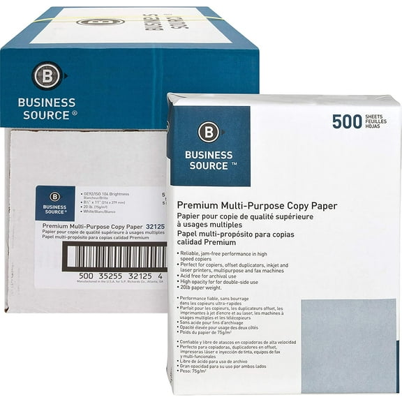 Business Source Premium Multi-Purpose Copy Paper, 8.5" x 11", 92 Brightness, 20 lb, 5 Reams (2500 Sheets)