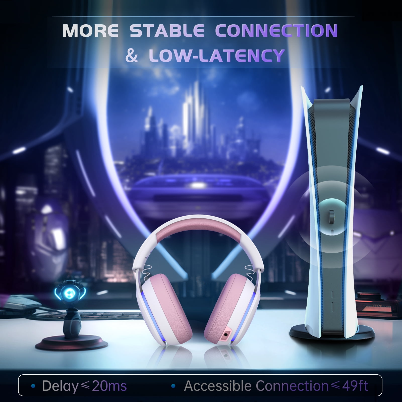 Artsic Wireless Gaming Headset for PS5, PC, Switch, Mac with Bluetooth 5.2, 2.4GHz USB Gaming Headphones with Detachable Noise Canceling Mic,Stereo Sound,3.5mm Wired Mode for Xbox Series,Pink