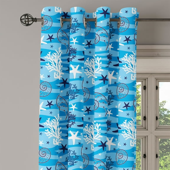 Ambesonne Underwater Grommet Curtain Single Panel, Seashells Marine Sea, 50"x60", Blue White
