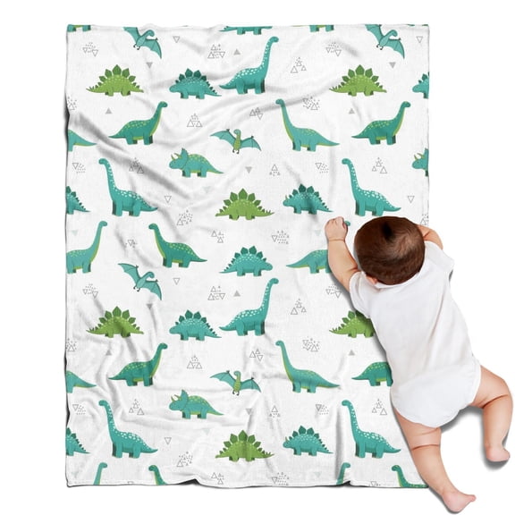White Cartoon Dinosaurs Geometric Pattern Blanket,Comfortable Soft Flannel Throw Blanket,All Season,Warm Lightweight Blankets for Sofa Bed Couch Living Room Chair,30"x40"