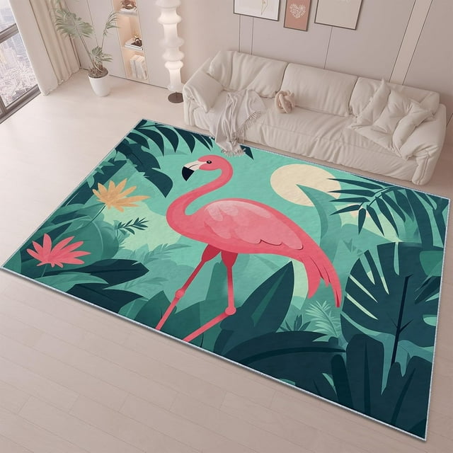 Tropical Jungle Rectangular Rug Animal Flamingos Print Area Rug, Non-Slip Soft Washable Inside Rugs Carpet, for Boys Bedroom Living Room Home Decor Rug 7 X 8 Ft