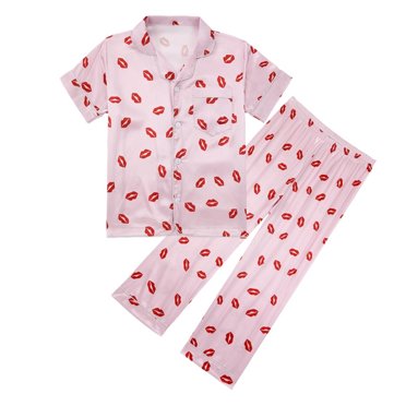 Coerni Kids Lip Print Satin Pajamas Sets 2Pcs Short Sleeve Sleepwear & Sleeper Pants Lightweight Silk Pjs Outfits