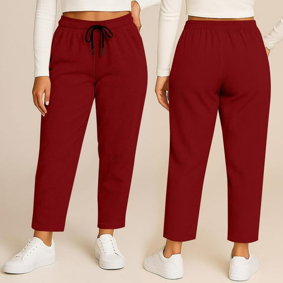 Caywon Women's Plus Size Solid Color Corduroy Wide Leg Pants Elastic Waist Loose Fit Sporty Casual Full-Length Trousers with Pockets for Daily Outdoor Leisure