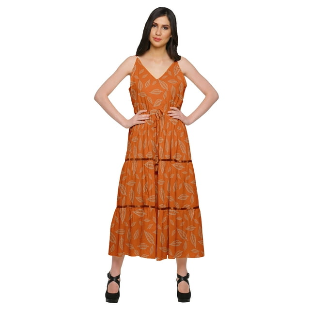Moomaya Robe Longue Maxi pour Femmes en Coton Imprimé à Bretelles Spaghetti et Col en V
