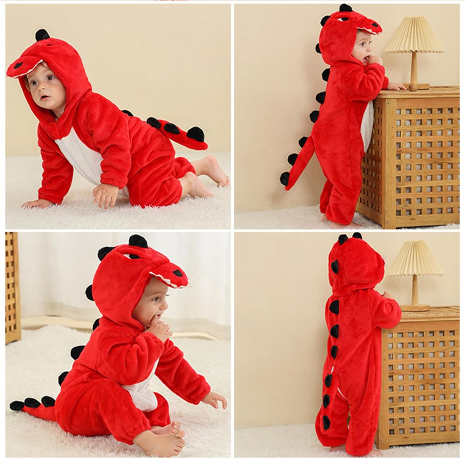Toddler Dinosaur Animal Onesie Unisex Baby Kids Flannel Hooded Romper Jumpsuit Outfit For Boys And Girls