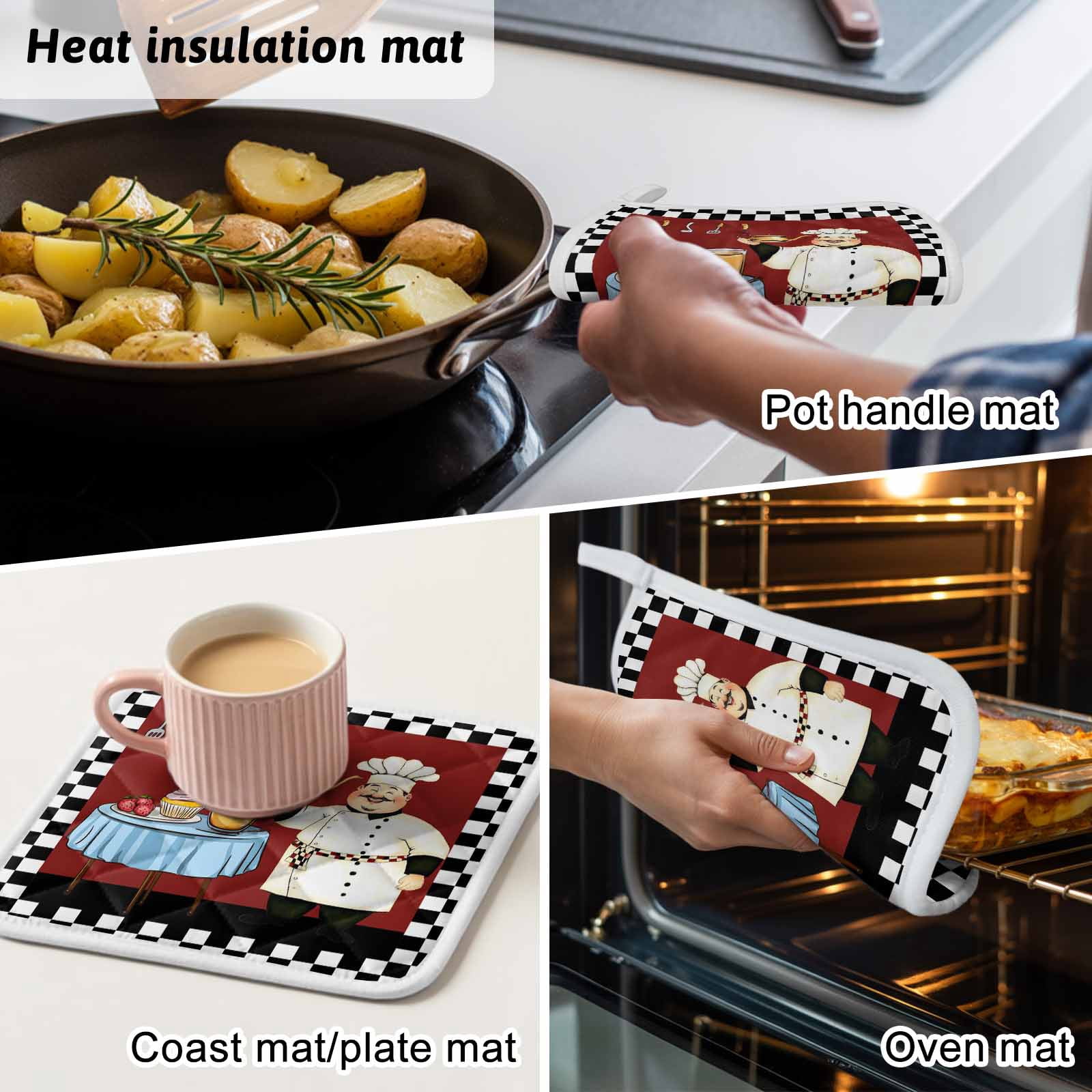 Chef Pot Holders for Kitchen Heatproof Potholder, 5 Pack Cartoon Red Food Cooking Black White Buffalo Check Hot Pads Multipurpose Oven Pads Cloth Potholders Trivet for Cooking Baking