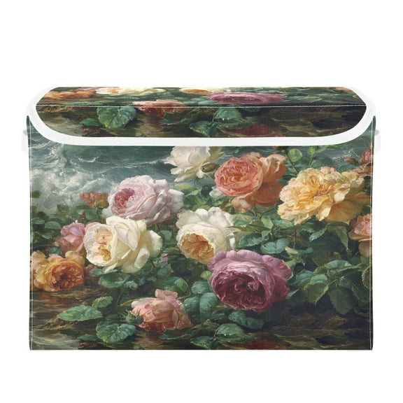 Large Collapsible Storage Box Flip Lid Fabric Decorative Organizer Container Basket with Handles 16.5×12.6×11.8in Roses by The Sea