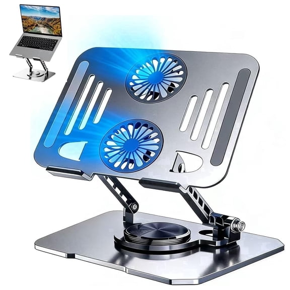 YINIUTECHNO Laptop Tablet Cooling Stand with 360° Rotation Base and Usb Dual Cooler, Adjustable Height Support Compatible with Tablets, iPad, 10-17.3" Notebook (Silver)
