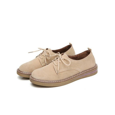 

Wazshop Ladies Casual Shoes Low Top Leather Shoe Round Toe Flats Comfort Flat Bootie Women Lace Up Breathable Apricot 5.5