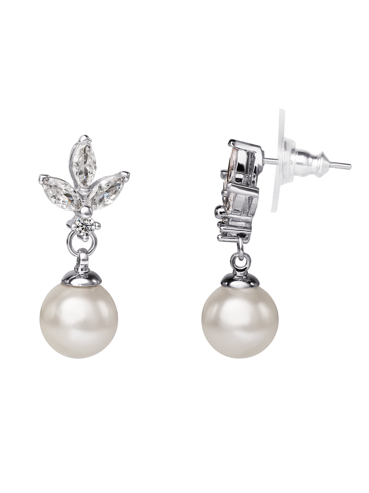 Believe By Brilliance Women's Silver Plated Cubic Zirconia and Simulated Pearl Pendant and Earring Set, 18" + 2"