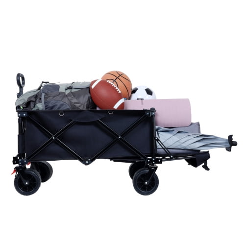Black Foldable Wagon with Extended Tailgate, 400LBS Heavy Duty All-Terrain Cart, Large Beach Wheels, Expandable Cargo Wagon for Outdoor Picnic Gardening