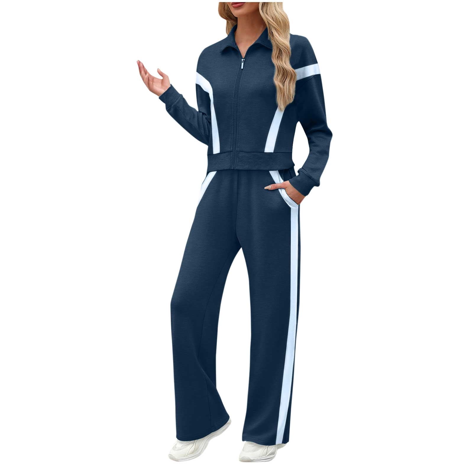 YUGYXL Womens Color Block Tracksuit 2 Pieces Outfits Long Sleeve Zipper Jacket and Pants Sportswear Sweatsuits with Pocket Blue L