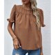 thumbnail image 3 of Camisa de manga corta con volantes para mujer Blusa de cuello redondo con estampado de flores para fiestas Compras Viajes de ocio al aire libre Marrón S, 3 of 6