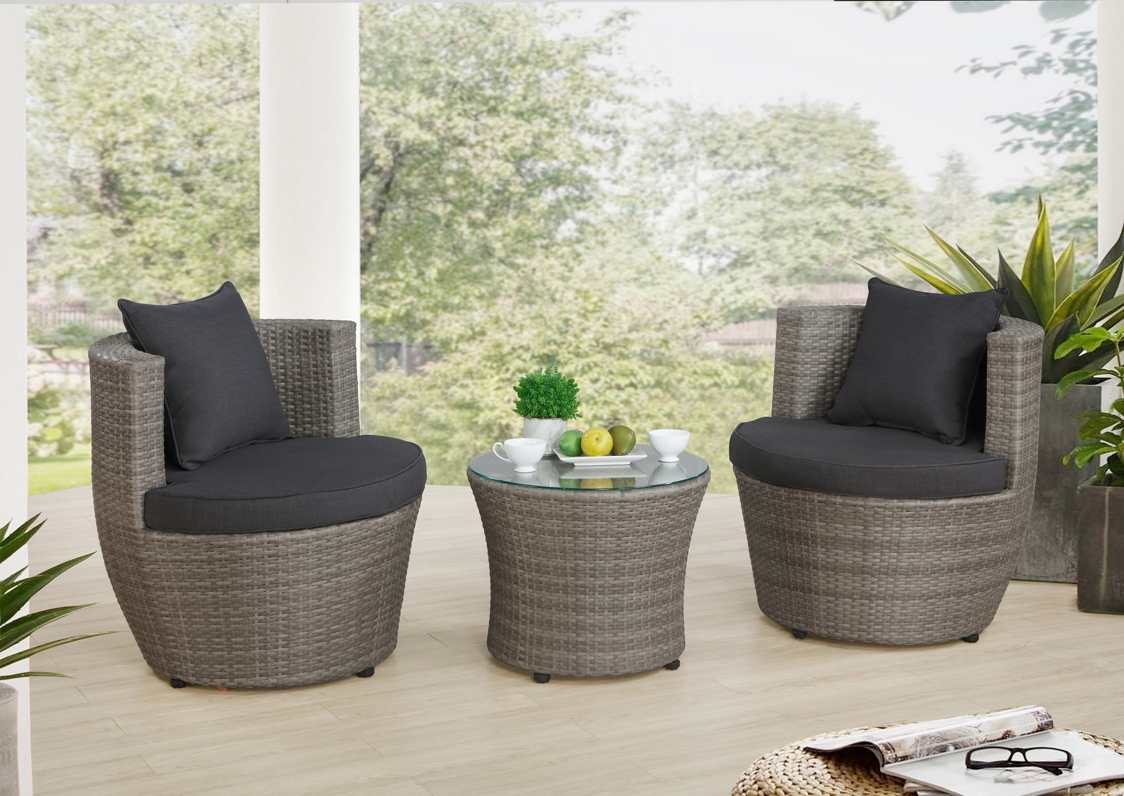 Alaterre 2-Person Wicker Patio Set – 3-Piece Outdoor Furniture with Chairs & Glass Top Table, Gray