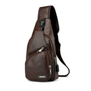 Rteyno Men Leather Sling Chest Pack, USB Hole Travel Crossbody Bag